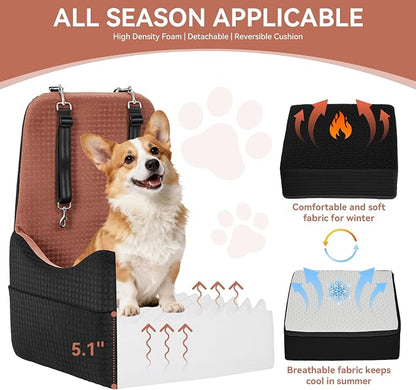 PETSFIT Dog Car Seat for Small/Medium Dogs Up to 35 lbs – Patented Safety System, 5" Memory Foam Pet Booster Car Seat, Fully Detachable and Washable Dog Carseat with 2 Storage Pockets (Black/Brown)