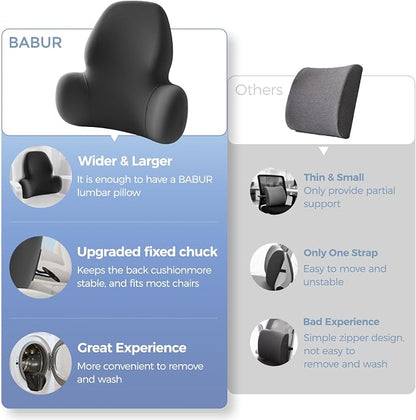 BABUR Wide Memory Foam Lumbar Support Pillow for Car Seat, Office Chair, Couch & Sofa - Ergonomic Back Cushion with Machine Washable Removable Cover, Lower Back Relief, Black