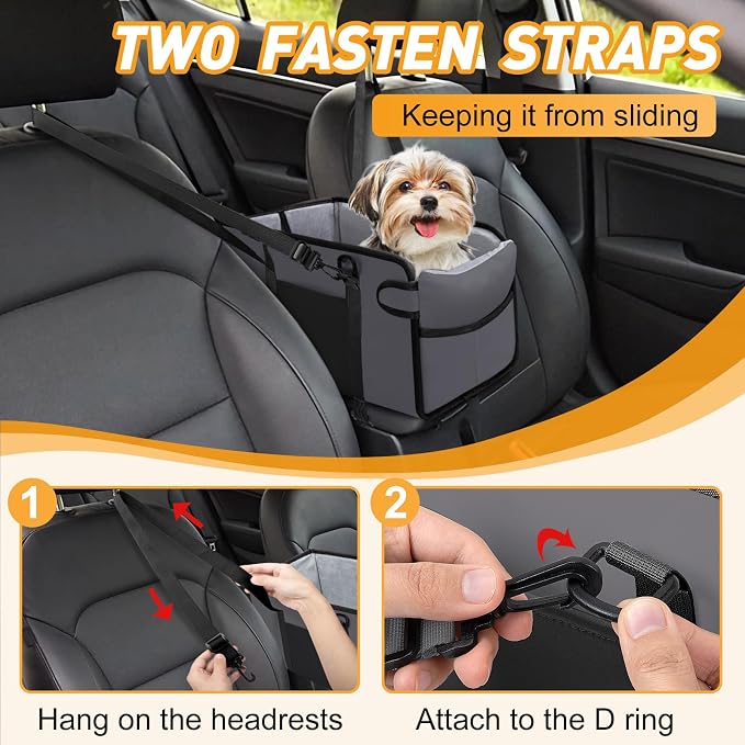Portable Dog Car Seat for Small Dogs - Adjustable Safety Leash, Washable Cushion & Storage Pocket - Pet Booster Seat for Car Travel- Grey