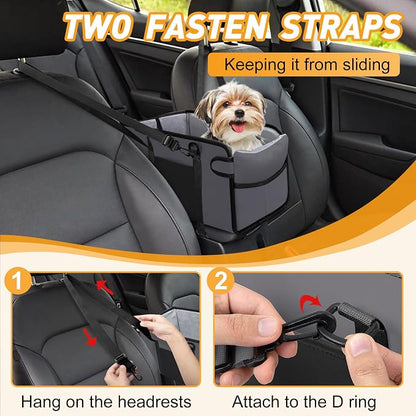 Portable Dog Car Seat for Small Dogs - Adjustable Safety Leash, Washable Cushion & Storage Pocket - Pet Booster Seat for Car Travel- Grey