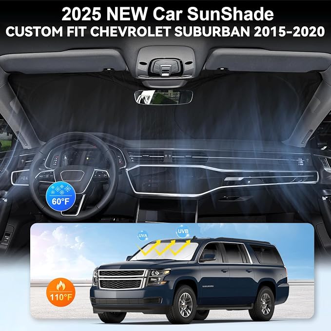 Sunshade for Suburban Windshield Sun Shade Custom Fit 2015-2020 Chevy Chevrolet Suburban Accessories Foldable Front Window Shield Cover Sun Visor Protector Block UV Rays Keep Car Cooler
