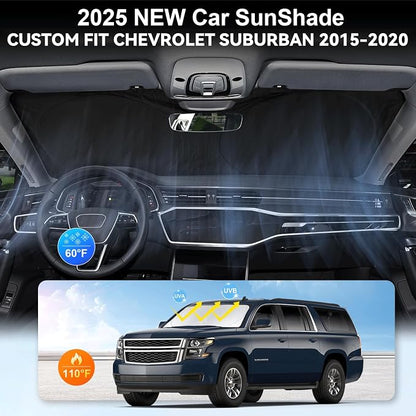 Sunshade for Suburban Windshield Sun Shade Custom Fit 2015-2020 Chevy Chevrolet Suburban Accessories Foldable Front Window Shield Cover Sun Visor Protector Block UV Rays Keep Car Cooler