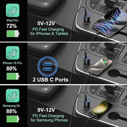 40W USB C Car Charger, Bangfun 2 Pack Dual 12V USB C Port Car Charger Cigarette Lighter Adapter (Black)
