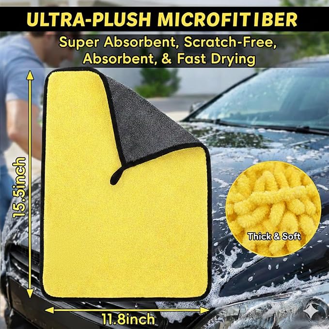 Premium Dual-Sided Microfiber Car Cleaning Towel – 15.5" x 11.8" Scratch-Free, Super Absorbent, Lint-Free Cloth for Auto Detailing, Polishing, Drying & Washing – Yellow & Gray