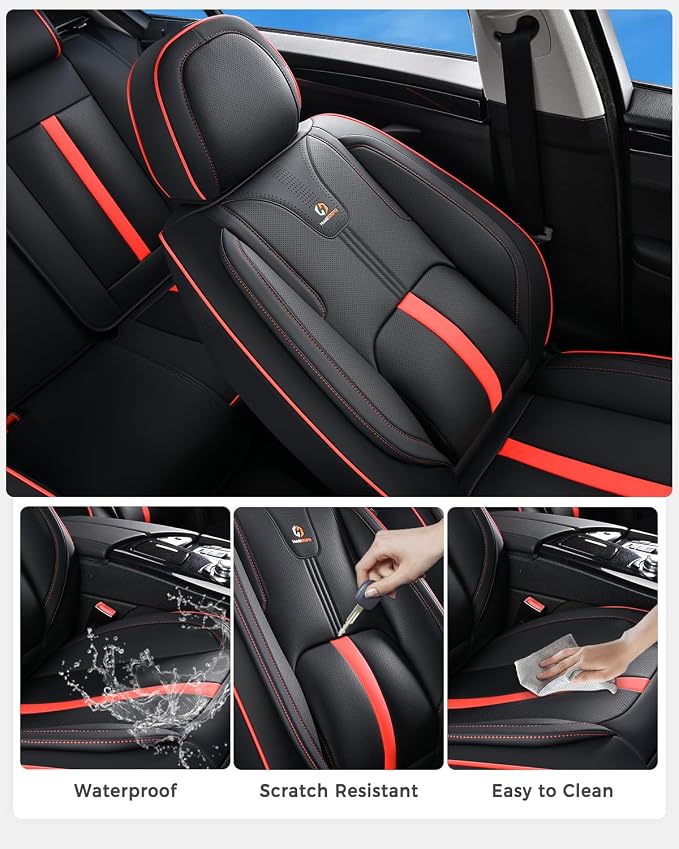 Huidasource Front Seat Covers Luxury Nappa Leather, Car Seat Cover Front Seats with Airbag, Front Storage Pocket, Lumbar Support, Cooling＆Heating, Universal Fit for Most Cars SUV Trucks, Black&Red