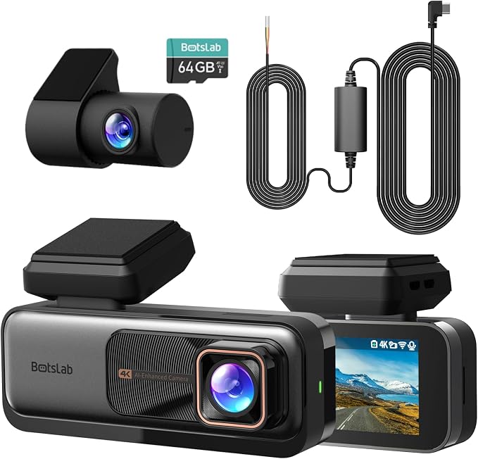 BOTSLAB 4k Dash Cam Front and Rear, 24/7 Parking Monitor with Hardwired Kit, 170° Ultra Wide Dashcam, ADAS, IMX415 Sensor, Night Vision, WDR, Loop Recording, 5G/2.4G WiFi & GPS, Free 64GB Card