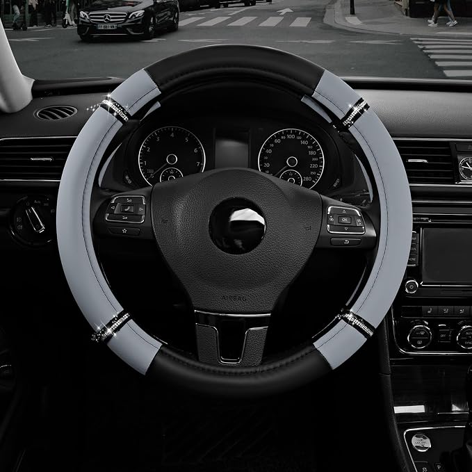 Road Comfort Leather Steering Wheel Cover – Premium Anti-Slip Car Steering Wheel Grip Cover – Universal Fit for 14.5”–15” Cars, Trucks & SUVs - Gray