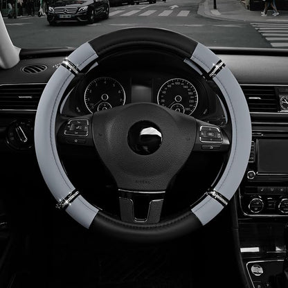 Road Comfort Leather Steering Wheel Cover – Premium Anti-Slip Car Steering Wheel Grip Cover – Universal Fit for 14.5”–15” Cars, Trucks & SUVs - Gray