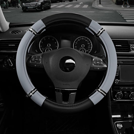 Road Comfort Leather Steering Wheel Cover – Premium Anti-Slip Car Steering Wheel Grip Cover – Universal Fit for 14.5”–15” Cars, Trucks & SUVs - Gray
