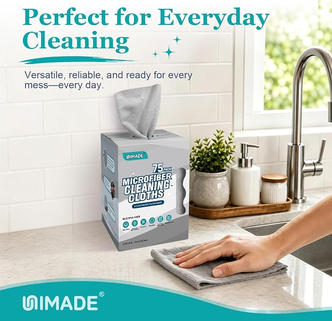 UNIMADE Microfiber Cleaning Cloth, 75 Sheets Microfiber Towels for Cars Commercial Grade Washcloths Lint-Free Bulk Shop Towel Cleaning Rags for Household Restaurant Garage Housekeeping, 11"x 9", Grey