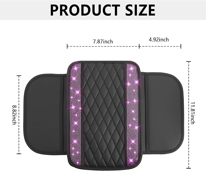 Stacool Upgraded Car Center Console Cover with Rhinestones,Microfiber Leather Car Armrest Cover Cushion with 2 Storage Bags,Universal Cars Armrest Storage Box as Cars Interior Accessories