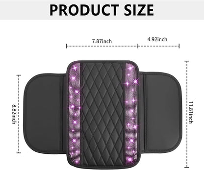 Stacool Upgraded Car Center Console Cover with Rhinestones,Microfiber Leather Car Armrest Cover Cushion with 2 Storage Bags,Universal Cars Armrest Storage Box as Cars Interior Accessories