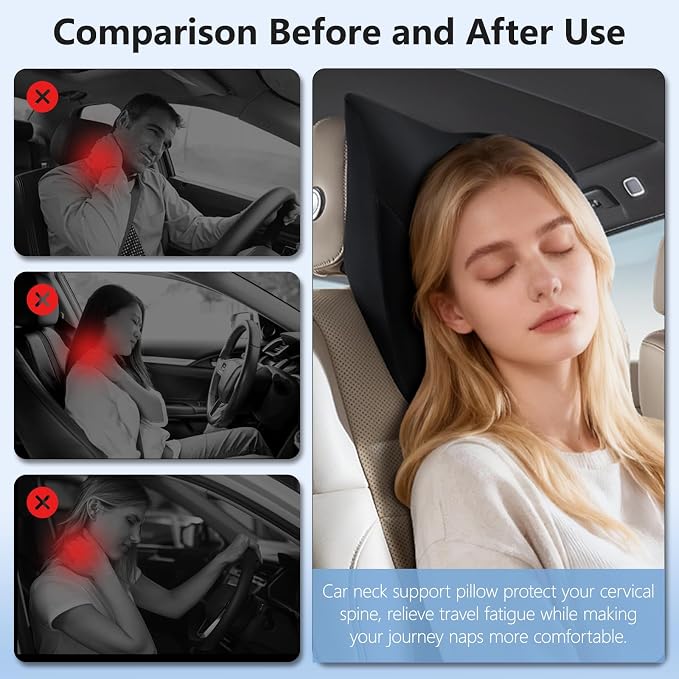 BABUR Car Neck Pillow for Driving Seat, Memory Foam Car Headrest Pillow, Ergonomic Neck Support, Breathable Removable Cover, Adjustable Strap, Pain Relief for Long Drives, Universal Fit | Black