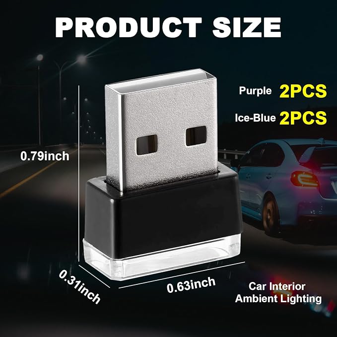 Ziciner 4 PCS USB LED Car Interior Atmosphere Lamp, Portable Mini LED Night Light, Plug-in USB Interface Trunk Ambient Lighting Kit, Universal Interior Accessories (Ice Blue+Purple)