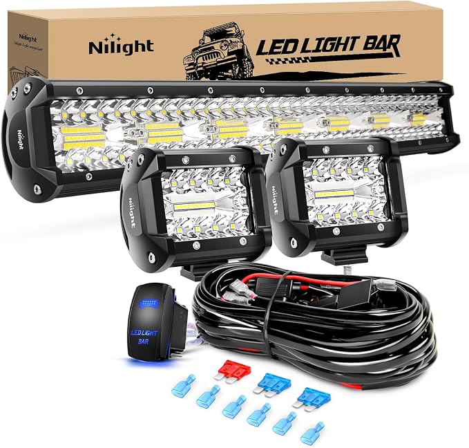 Nilight 20 Inch 420W Triple Row Spot Flood Combo 2 PCS 4 inch 60W Led Pods Flood Boat Lights Driving Fog Lights Work Light for Trucks with 16AWG Off Road Wiring Harness- 3 Leads, 2 Years Warranty