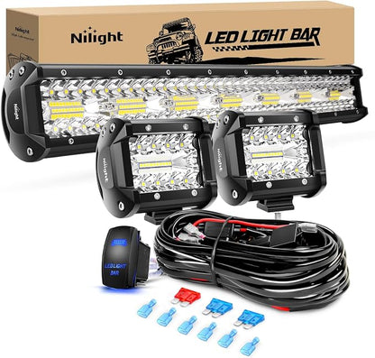 Nilight 20 Inch 420W Triple Row Spot Flood Combo 2 PCS 4 inch 60W Led Pods Flood Boat Lights Driving Fog Lights Work Light for Trucks with 16AWG Off Road Wiring Harness- 3 Leads, 2 Years Warranty