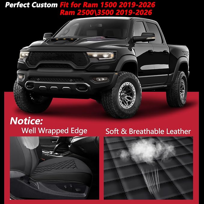 Ram 1500 Seat Covers 2019-2026 Full Set, Truck Interior Sets with Lumbar Support Custom Fit for Dodge Ram 1500/2500/3500 Crew/Mega Cab with Rear Flat Bench, Black
