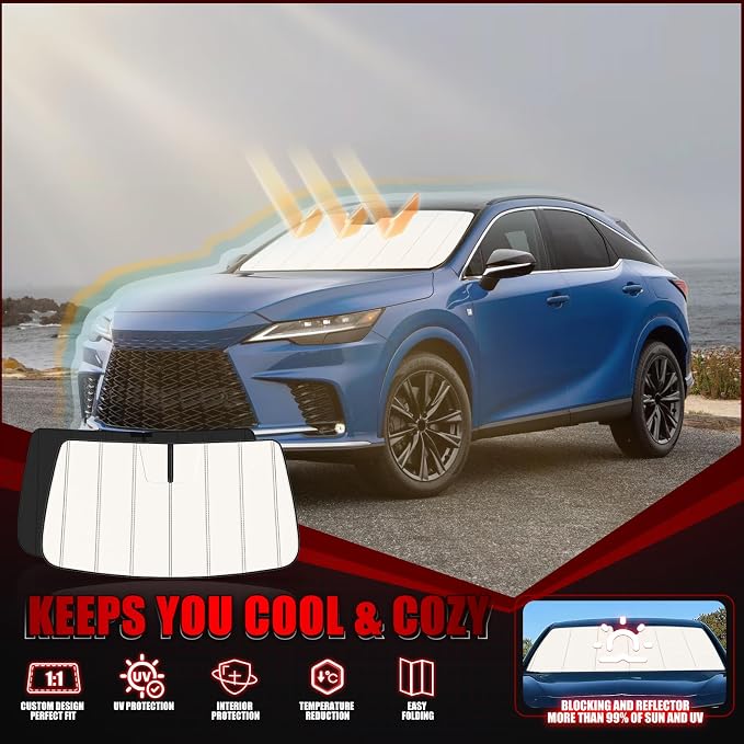 Windshield Sun Shade for Le-xus RX 2023-2025 2026, Front Window Visor Accessories, Folding Design Blocks Heat & UV Rays Maintain Cool Interior and Save Space