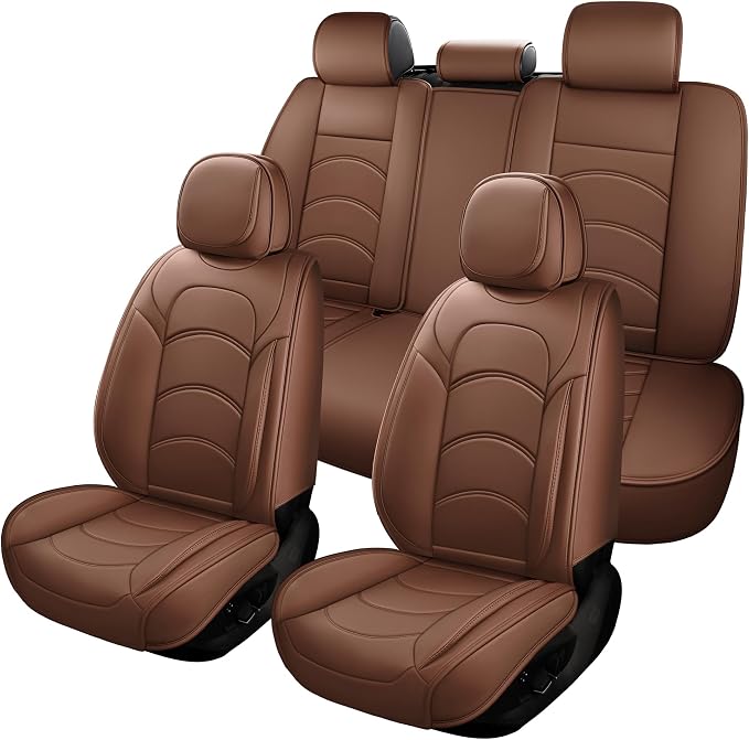 otoez Car Seat Covers Full Set, 5 Seats Waterproof Universal Leather Seat Cover for Cars, Front Rear Automotive Interior Protectors Full Coverage for Most Cars Sedens Trucks SUVs, Brown