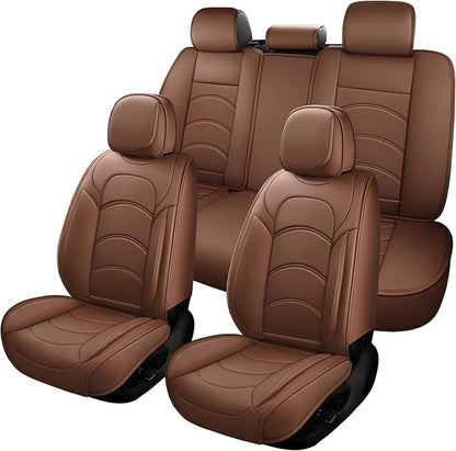 otoez Car Seat Covers Full Set, 5 Seats Waterproof Universal Leather Seat Cover for Cars, Front Rear Automotive Interior Protectors Full Coverage for Most Cars Sedens Trucks SUVs, Brown
