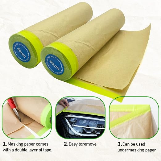 Tape and Drape, 24” x 100 feet Masking Paper for Painting, Pre-Taped Masking Paper with Adhesive, Paint Tape, Car Protection Covering Paper for Car and Furniture, Floor (2 Pack)