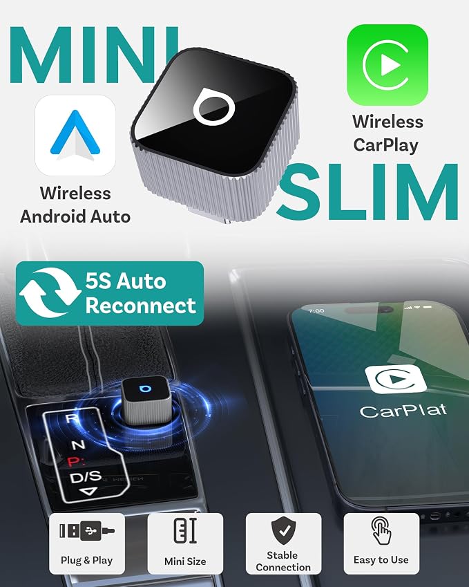 OTTOCAST Mini Cube 3.0 USB C Wireless CarPlay & Android Auto Adapter 2026– Plug & Play, Fast Auto-Reconnect (Silver)
