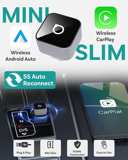 OTTOCAST Mini Cube 3.0 USB C Wireless CarPlay & Android Auto Adapter 2026– Plug & Play, Fast Auto-Reconnect (Silver)