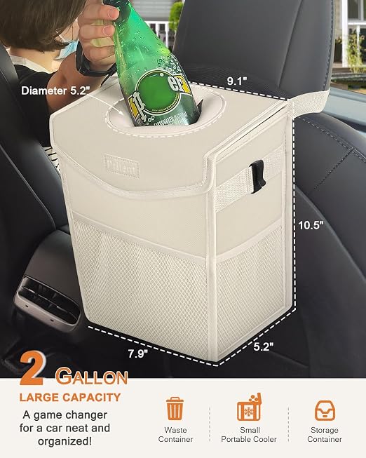 Pritent Car Trash Can with Lid, Cute Leakproof Car Trash Garbage Bag Hanging Vehicle Trash Bin Small Portable Automotive Garbage Cans Organizer for Back/Front Seat(Trapezoid,Ivory