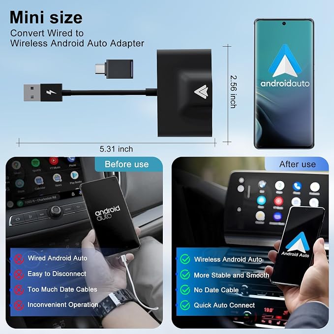 Android Auto Wireless Adapter Compatible with Samsung/Google/Pixel, etc | Wireless Android Auto Adapter for 2017 Later Car, Convert OEM Wired to Wireless, for Android 11+, Stable Bluetooth Connection