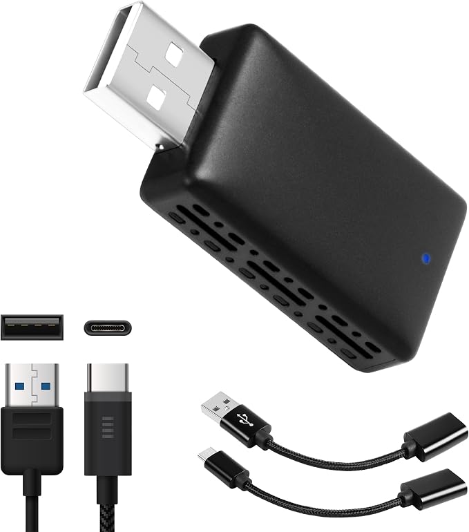 MAX=TECH - Compact Wired to Wireless Adapter for Carplay and Android Auto, with USB Type A and C Adapters - 2 in 1 - Fast Reliable and Easy to Use - All Car Models
