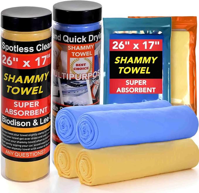 Premium Shammy Cloth for Car Drying - 4pk(26”x17”) - Super Absorbent Synthetic Chamois Towel for Car - Reusable Car Drying Shammy - Scratch-Free Car Drying Towel(2 Blue & 2 Yellow)