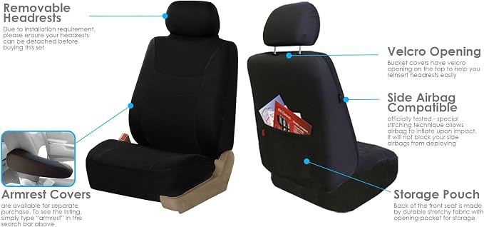 FH Group Car Seat Covers Combo Full Set with Carpet Floor mats Steering Wheel Cover and Seat Belt Pads- Universal Fit for Cars Trucks and SUVs Black