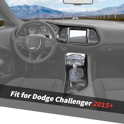 Jimen Fit for Dodge Challenger 2015-2024, 5PCS Center Console Dash Trim Kits Instrument Cluster Panel & Gear Shift Panel Cover (Carbon Fiber)