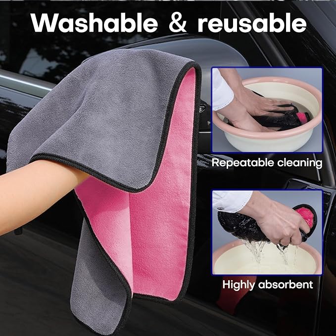 Hovom 3PCS Car Microfiber Towels, 23.62"×11.81" Lint-free Microfiber Towels for Cars Wash Drying, Super Absorbent Auto Cleaning Cloths, Reusable Washing & Detailing Towel, Car Cleaning Supplies (Pink)