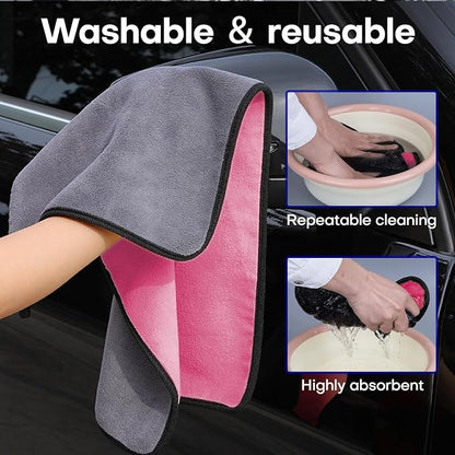 Hovom 3PCS Car Microfiber Towels, 23.62"×11.81" Lint-free Microfiber Towels for Cars Wash Drying, Super Absorbent Auto Cleaning Cloths, Reusable Washing & Detailing Towel, Car Cleaning Supplies (Pink)