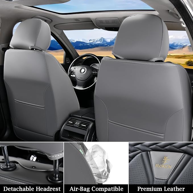 FLORICH Leather Seat Covers, Seat Covers Full Set, Car Seat Protectors 5 Seats, Automotive Seat Covers Fit for Most Cars Trucks SUV- Gray&Black