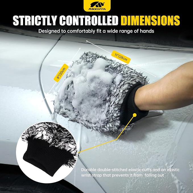 MIKKUPPA Microfiber Car Wash Mitt - Double-Sided Ultra Absorbent Scratch Free Premium Blend Glove for Car Washing Home Cleaning (Black, 2Pack, 11'' x 8'')