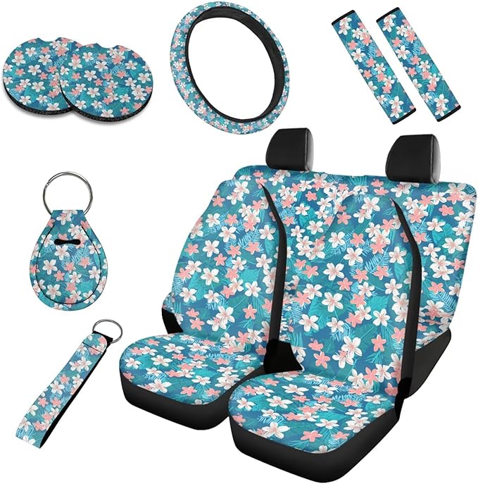 Tropital Flower Car Accessories Full Set, Turquoise Palm Leaf Front Rear Seat Cover with Matching, Colorful Ditsy Floral Steering Wheel Cover Seatbelt Pads Cup Mat Keychain