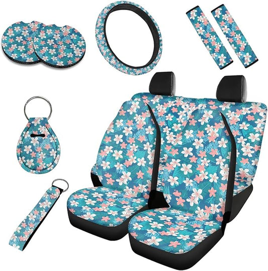 Tropital Flower Car Accessories Full Set, Turquoise Palm Leaf Front Rear Seat Cover with Matching, Colorful Ditsy Floral Steering Wheel Cover Seatbelt Pads Cup Mat Keychain
