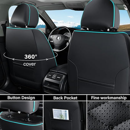 Coverado Leather Seat Covers, Car Seat Covers Full Set, Nappa Leather Seat Covers for Cars, Car Seat Protector Waterproof, Black Car Seat Cover, Universal Seat Cover Fit for Most Cars(Black&Blue)
