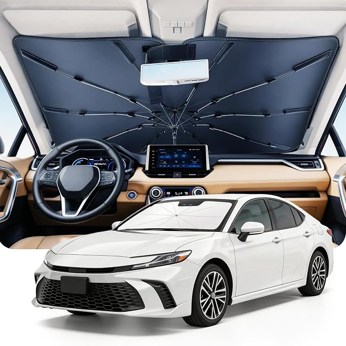 DMJN Umbrella Windshield Sun Shade for Toyota Camry (2011-2026), Car Sunshade for Front Windshield [Nano Ice-Crystal Coatings] UPF50+ Heat & UV Block, Protect Interior & Keep Cooler