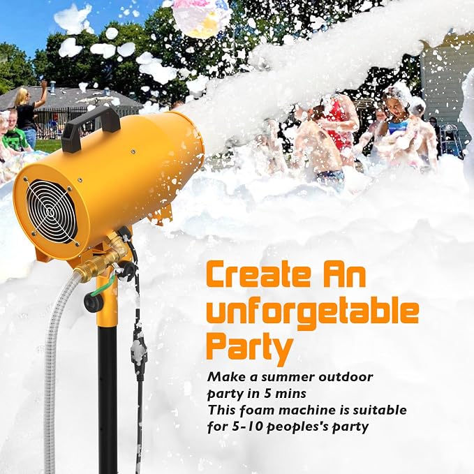 Foam Machine for Foam Party, 3–5m Spray Distance Foam Cannon, Iron Barrel Body, Waterproof Control Box, Water Pump, 4-Position Adjustable Tripod Stand, AC110V Outdoor Foam Maker