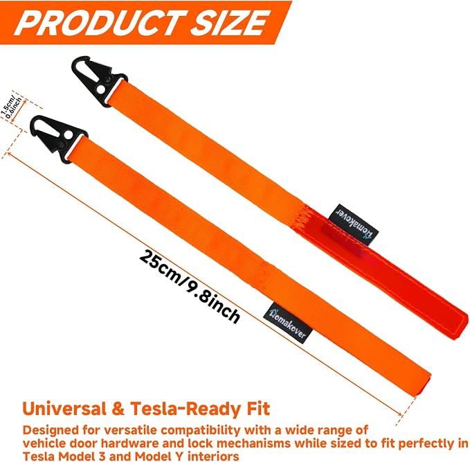 Homakover Pack 2 Vehicle Door Emergency Pull Cords, High Strength Nylon Manual Release Straps, Escape Pull Straps Fit for Tesla Model Y/3 Rear Door, Orange