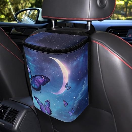 Talayituse Butterfly Moon Cloud Galaxy Print Car Trash Can with Lid, Leak Proof Auto Trash Bag Hanging Vehicle Garbage Can Multipurpose Storage Container for Back Seat Road Trip