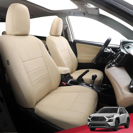 FREESOO RAV4 Seat Covers Full Set Custom Fit for Toyota Rav4 Gasoline LE (NOT for Hybrid) 2013 2014 2015 2016 2017 2018, Faux Leather Car Seat Cover, Airbag Compatible, Beige