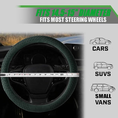 Suede Steering Wheel Cover with Upgraded Silicone Inner Ring, Breathable, Anti-Slip, Leather Universal 14.5 to 15 Inch Steering Wheel Cover (Green with Handwoven Craft)