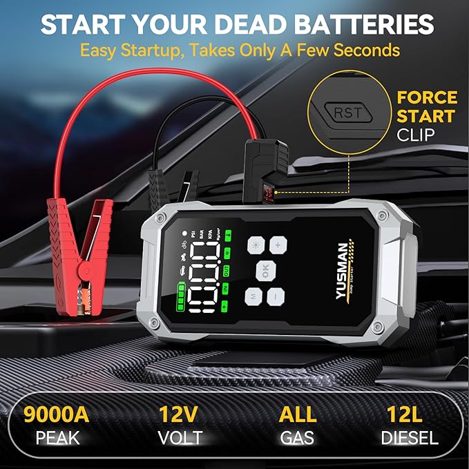 Car Jump Starter with Air Compressor, 9000A 160PSI Jump Starter Pack (All Gas/10.0L Diesel), 12V Battery Jump Starter with Display, Smart Jumper Cables, 2 LED Light