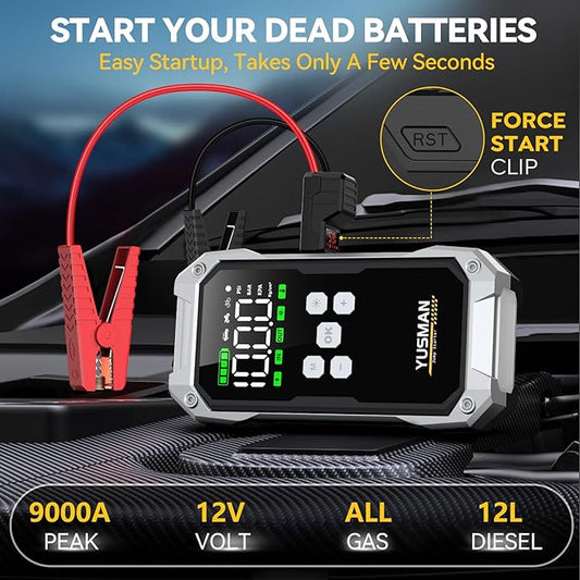 Car Jump Starter with Air Compressor, 9000A 160PSI Jump Starter Pack (All Gas/10.0L Diesel), 12V Battery Jump Starter with Display, Smart Jumper Cables, 2 LED Light