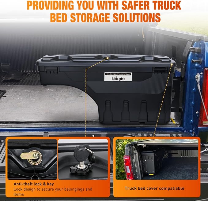 Nilight Truck Bed Tool Box Passenger Side Truck Tool Box Fit for Dodge Ram 1500 2500 3500 2002-2018 ABS Swing Case Truck Bed Storage Box w Lockable Lid Waterproof Wheel Well Toolbox, without Rambox