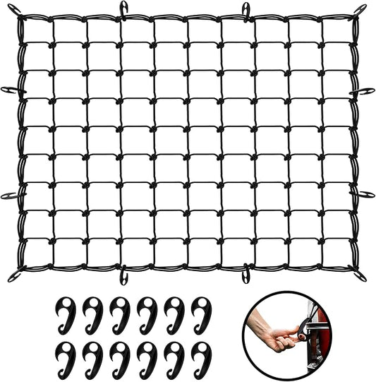 Mockins 39"x36" Elastic Cargo Net for Pickup Truck Bed, Cargo Racks & More | 6mm Thick Bungee Net with Hooks | Automotive Cargo Nets Stretching Up to 80"x75" | 4"x4" Heavy Duty Netting for Payloads